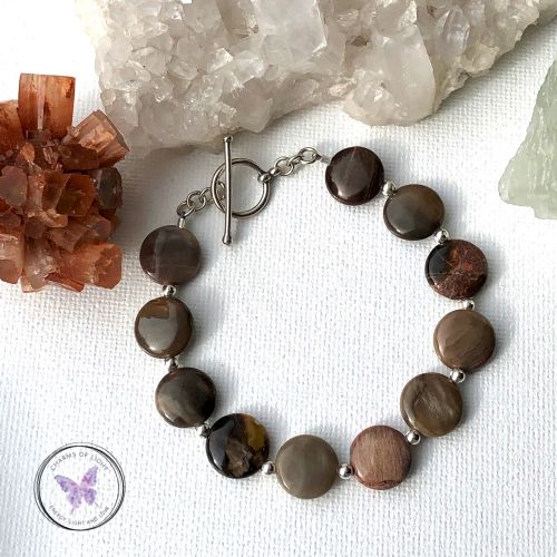 Petrified Wood Coin Bracelet with Silver Toggle Clasp